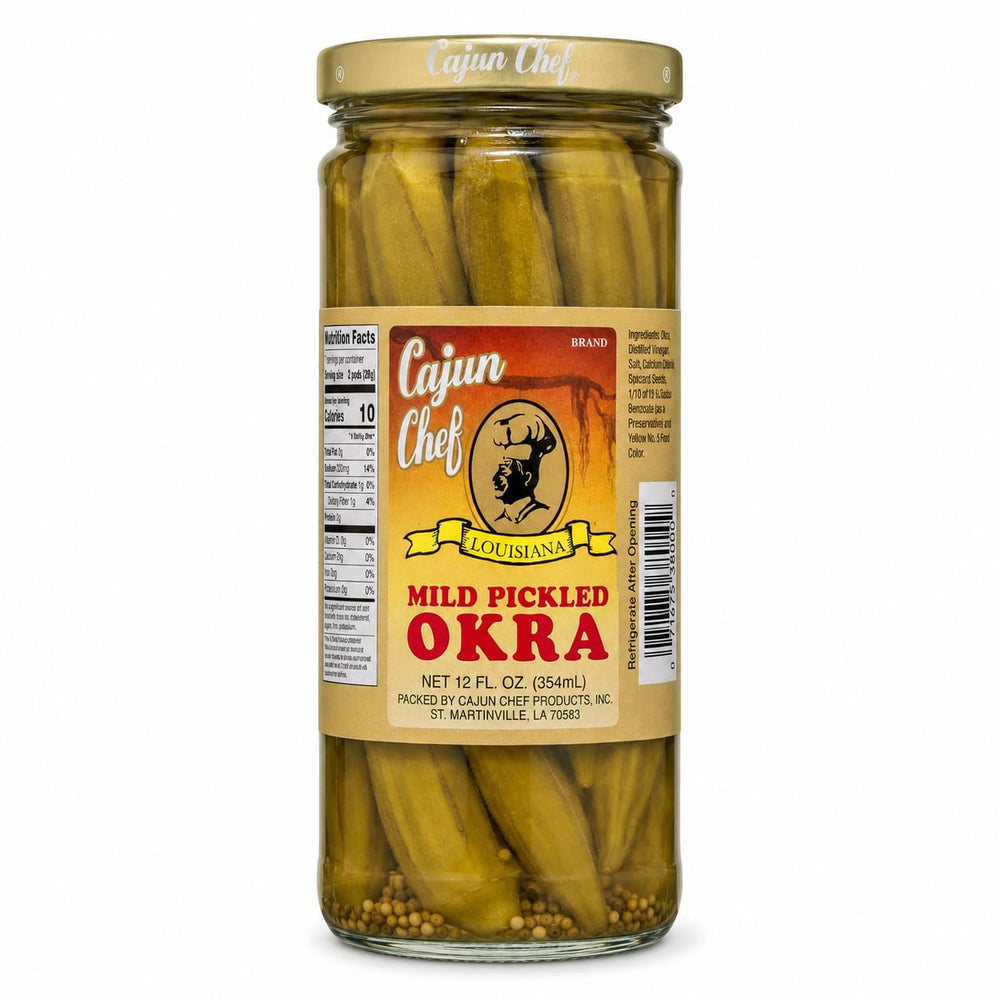Cajun Chef open jar top view displaying intact pods and ready-to-serve freshness