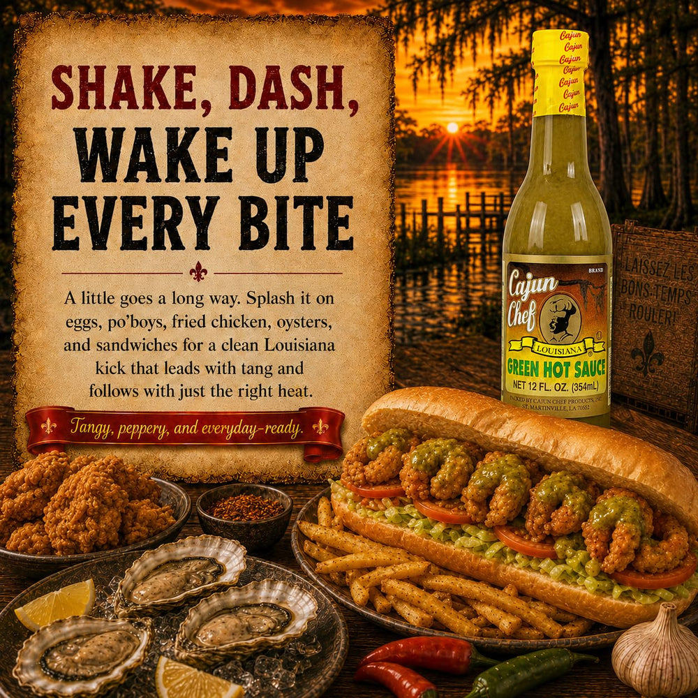 Cajun Chef pouring thin stream of green sauce from bottle, easy controlled pour for recipes