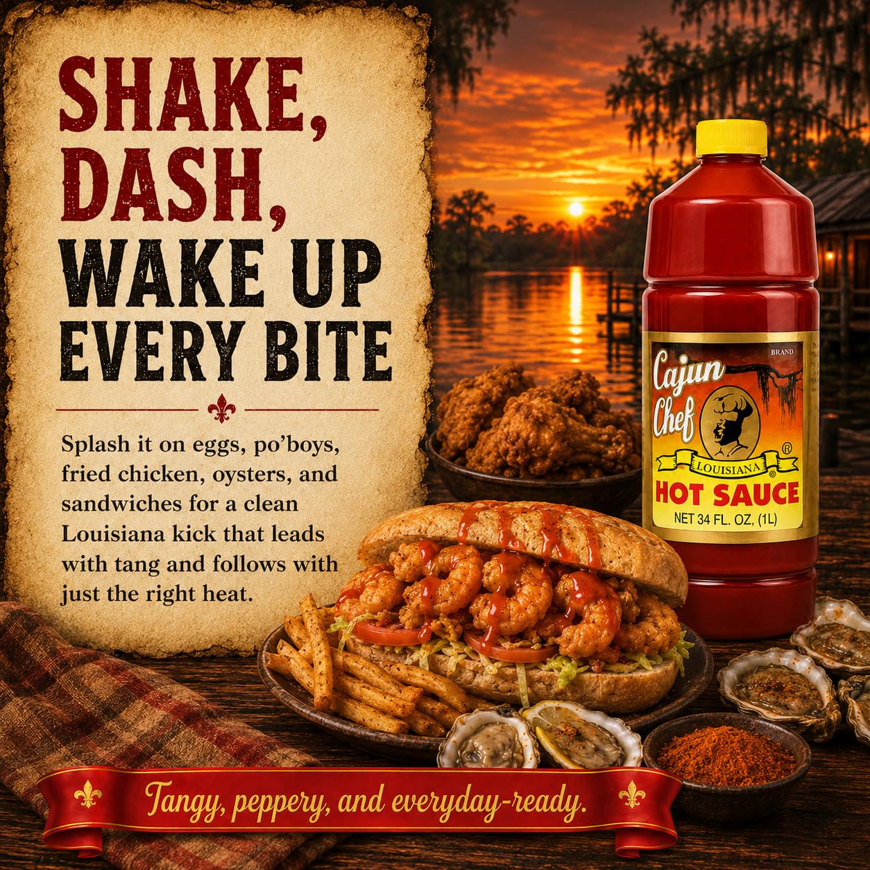 Cajun Chef drizzled on gumbo bowl adding bright pepper flavor