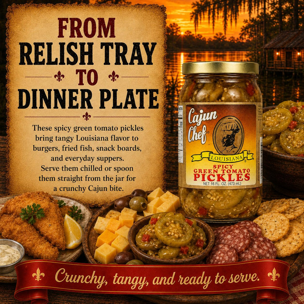 Cajun Chef pickled tomatoes served next to fried fish adding zesty contrast