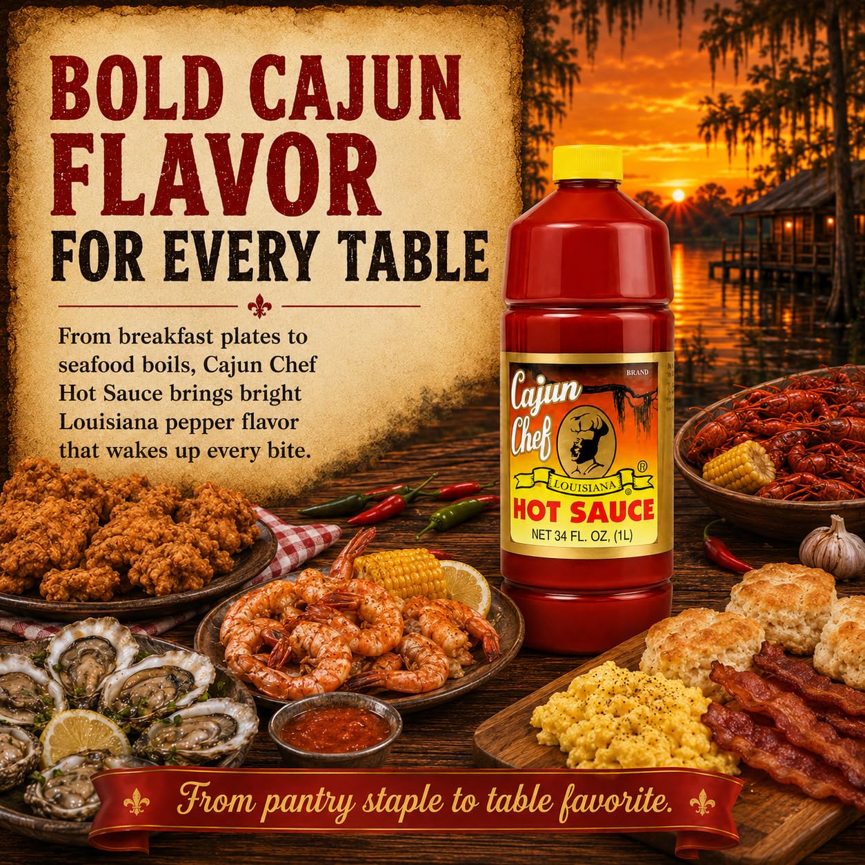 Cajun Chef 34 oz beside a drinking glass to show bottle scale