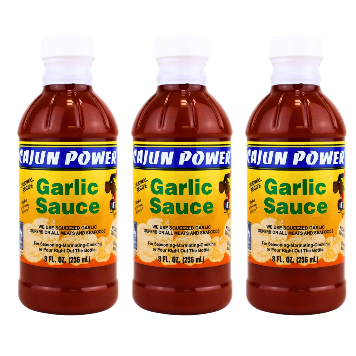Cajun Power front packaging showing three bottles and bold Louisiana flavor benefit
