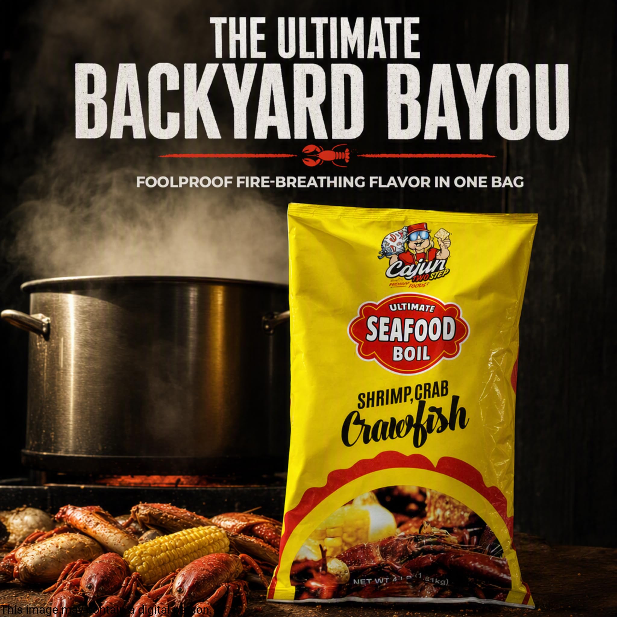 Cajun Two Step seafood boil in use on table with shrimp and corn, showcasing vibrant flavor