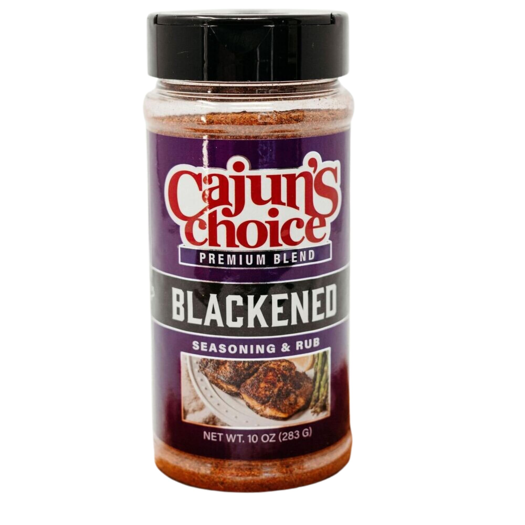 Cajun's Choice front label on 10 oz shaker showing authentic Louisiana branding and flavor