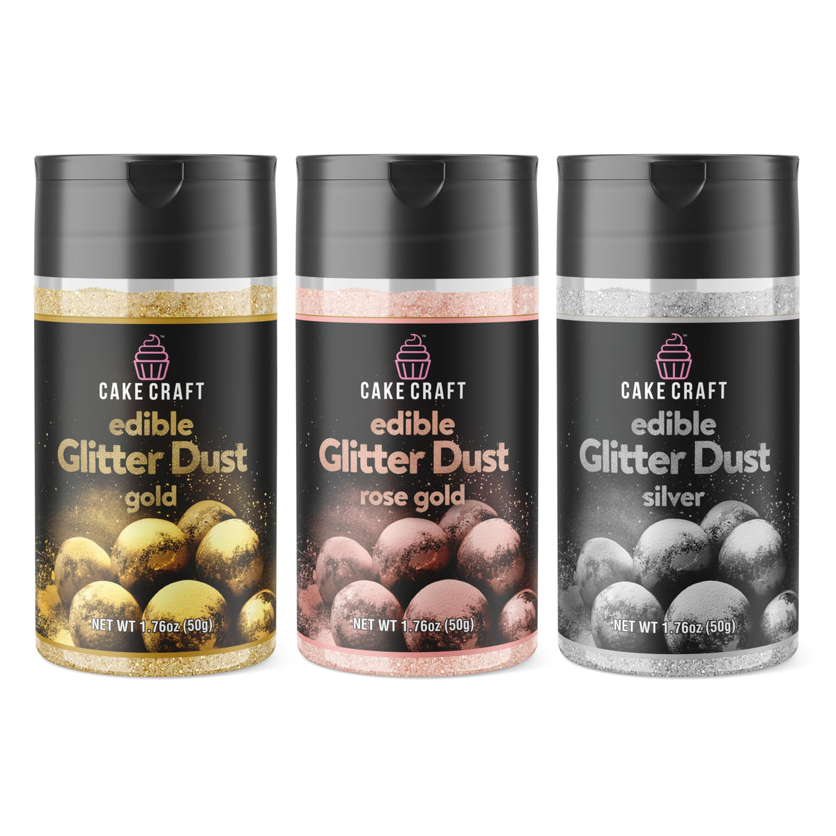 Cake Craft front packaging showing three glitter dust jars and branding for easy selection