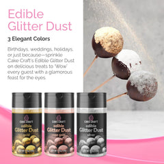 Cake Craft open jars top view of gold, silver and rose gold dusts for color comparison
