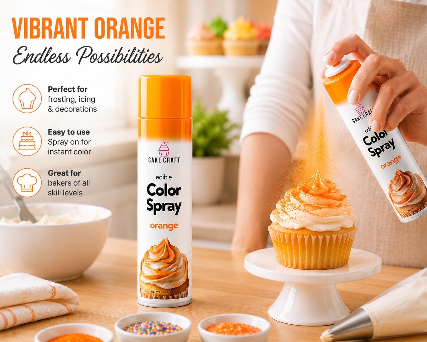 Cake Craft spray nozzle close-up demonstrating fine mist control for precision