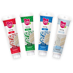 Cake Mate front packaging showing four color tubes and convenient squeeze tips for easy decorating