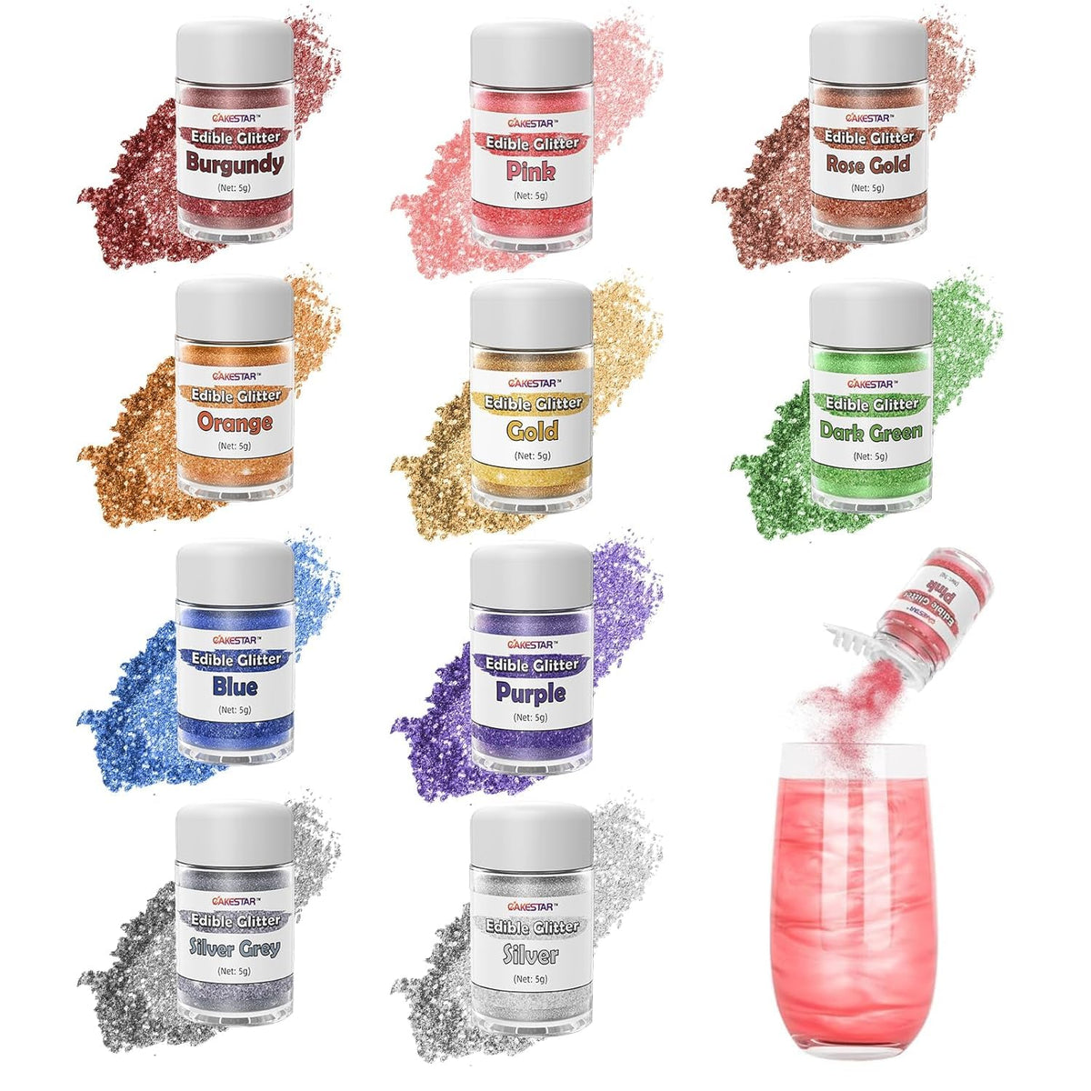 CAKESTAR front packaging showing ten 5g glitter bottles for easy selection and storage
