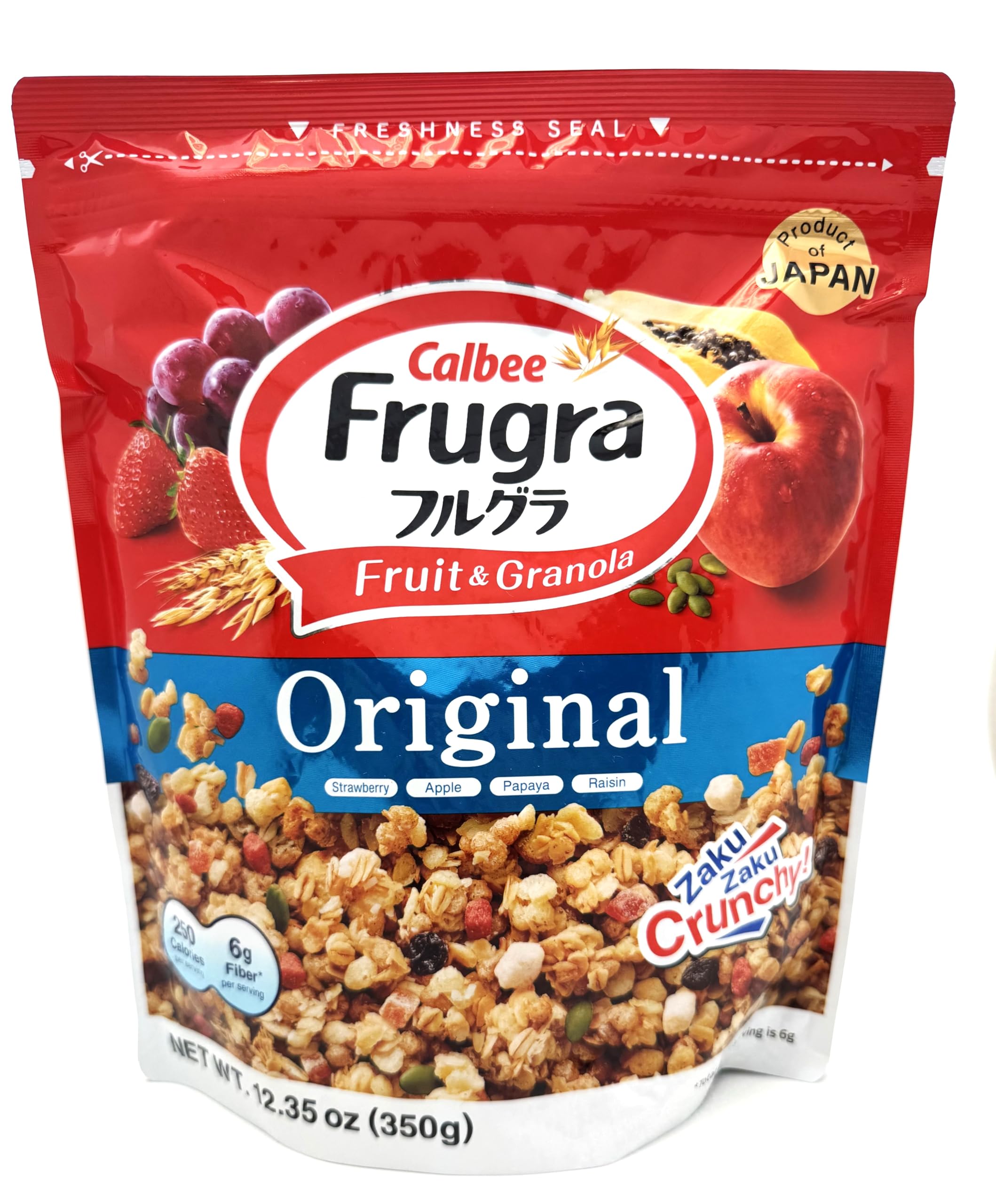 Calbee Frugra close-up of oven-baked clusters and fruit pieces, highlighting crunchy texture