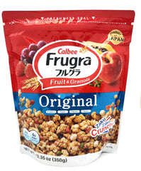 Calbee Frugra close-up of oven-baked clusters and fruit pieces, highlighting crunchy texture