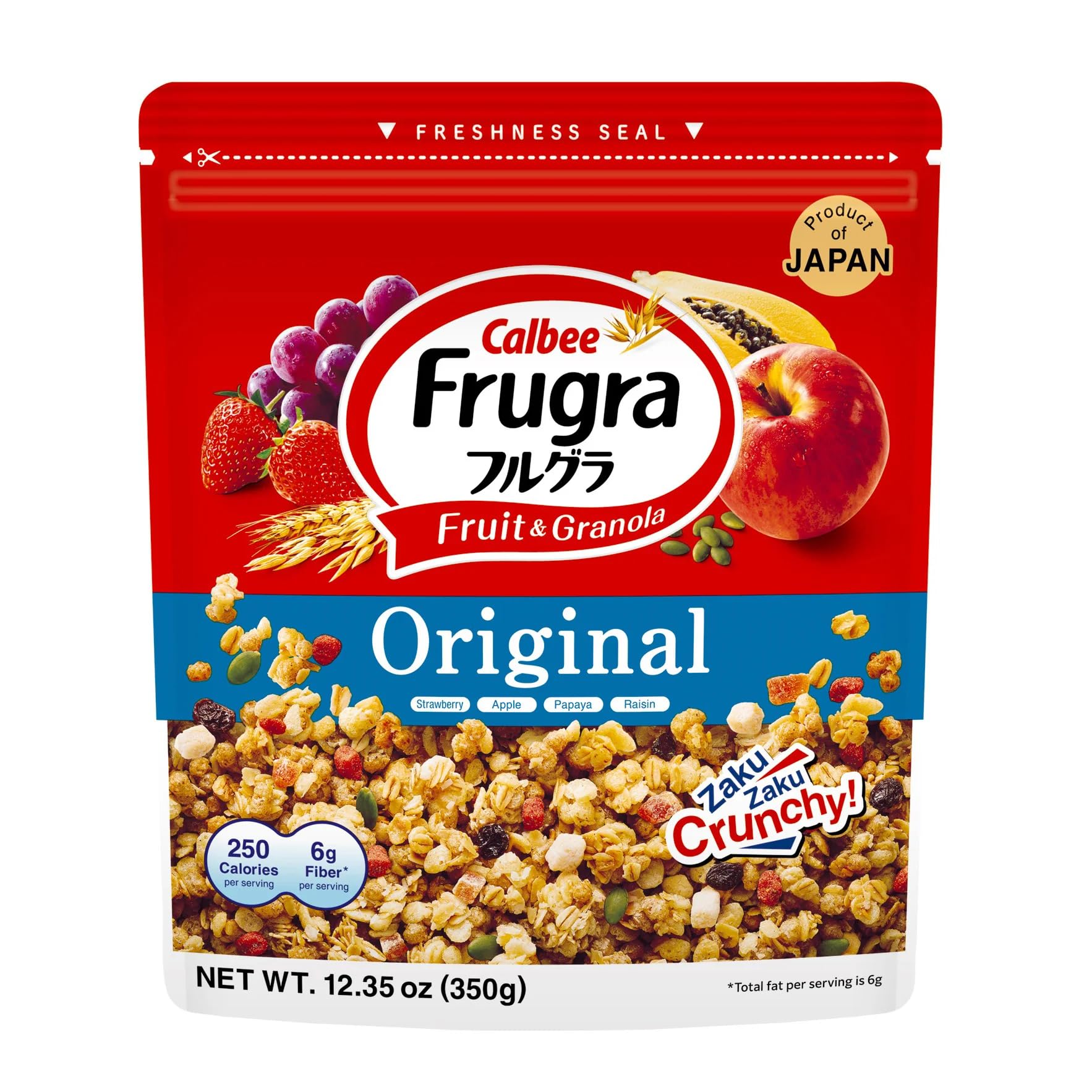 Calbee Frugra front packaging showing Original 12.35 oz bag and product name, clear identity