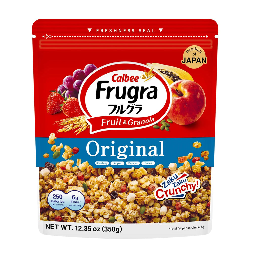 Calbee Frugra front packaging showing Original 12.35 oz bag and product name, clear identity