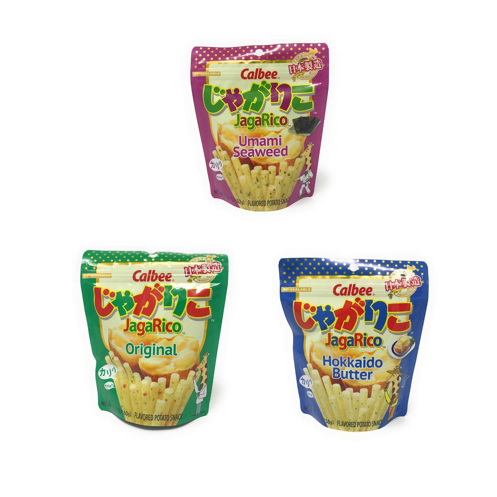 Calbee JagaRico front packaging showing three flavor tubes and branding benefit convenience