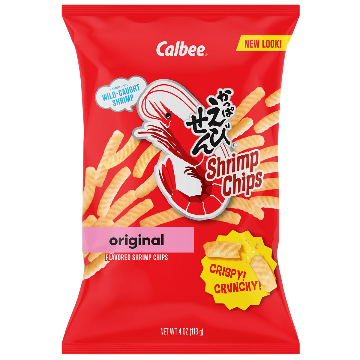 Calbee shrimp chips front packaging showing brand and two 4 oz bags, perfect for sharing