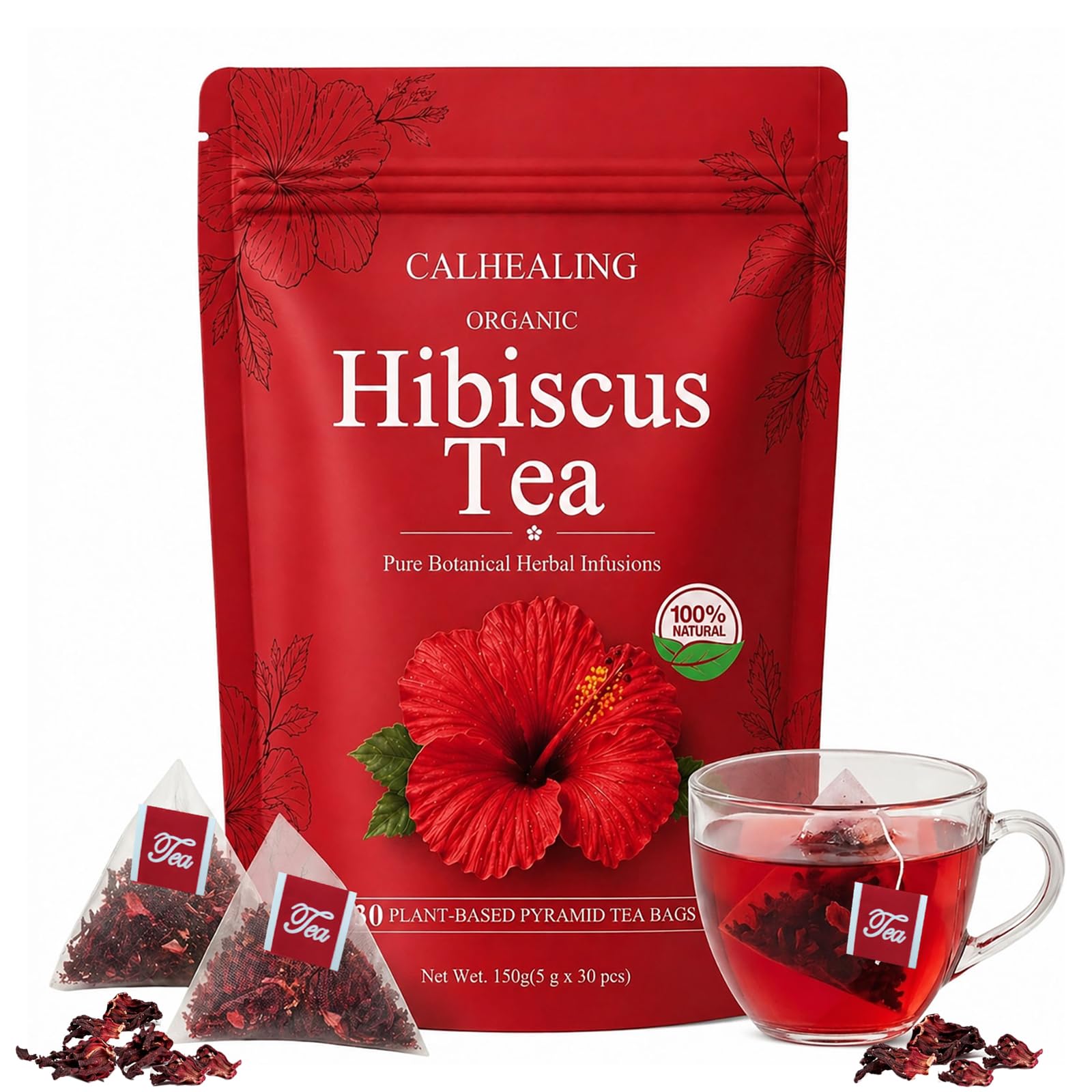 calhealing front packaging showing 30 tea bags and vibrant ruby color for clear product identity