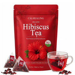 calhealing front packaging showing 30 tea bags and vibrant ruby color for clear product identity
