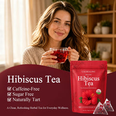 calhealing pyramid tea bag close-up showing 5g whole petals for stronger infusion