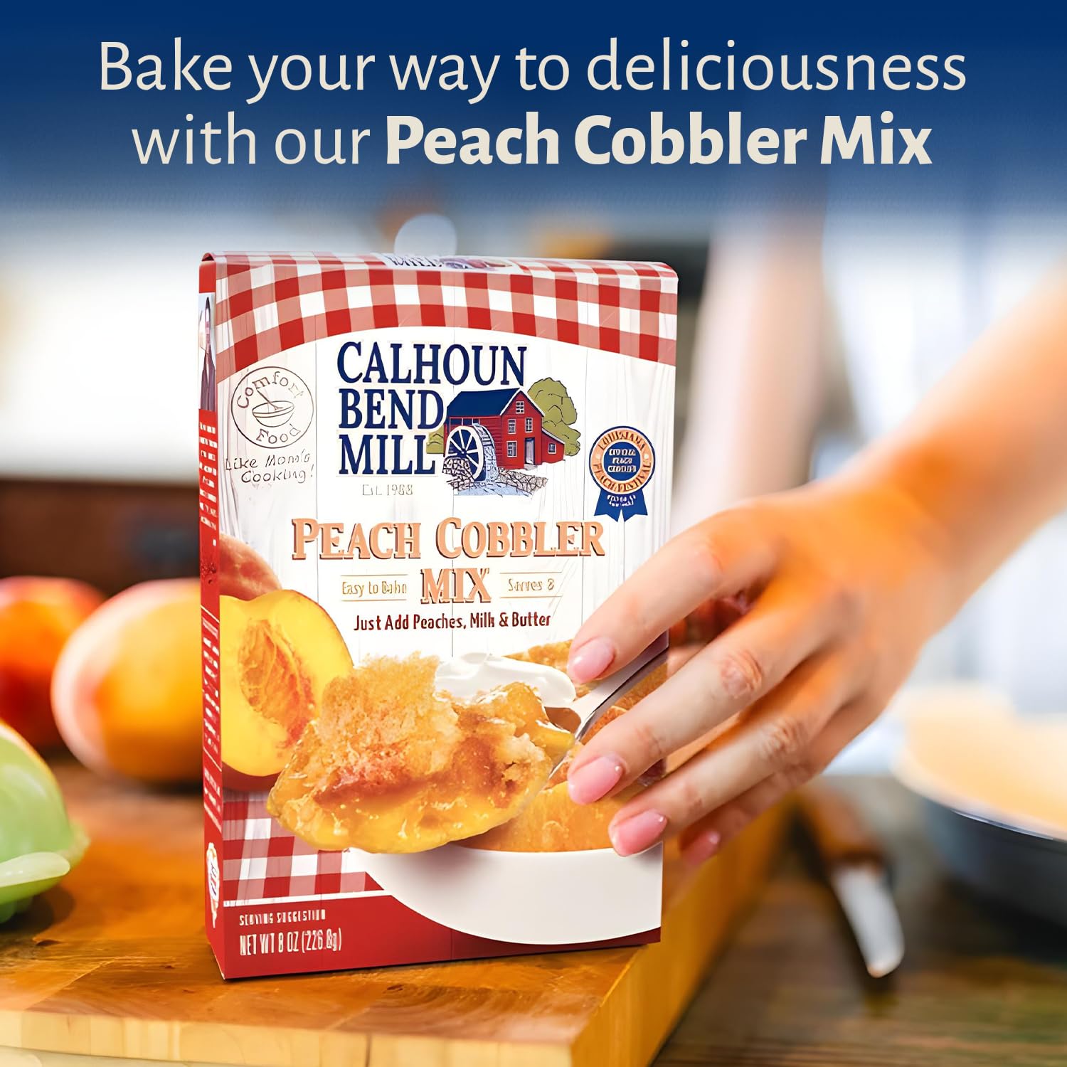 Calhoun Bend Mill spatula beside a pack for easy mixing and serving