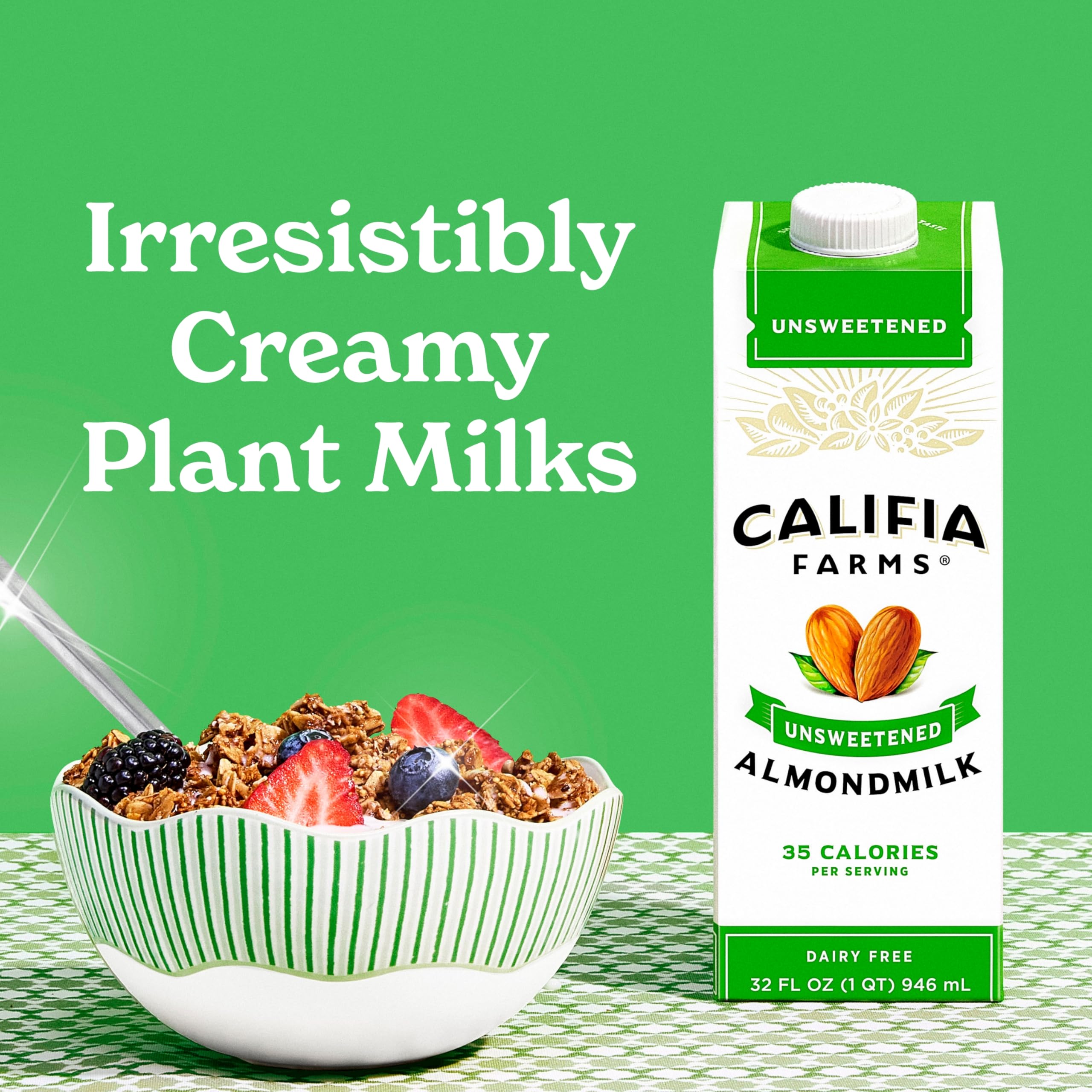 Califia Farms almondmilk pouring into a glass for creamy texture and low calories