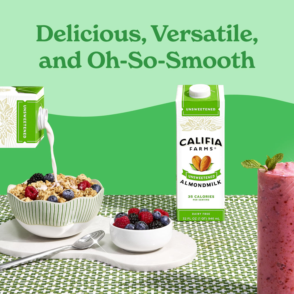 Califia Farms almondmilk served in a glass suggesting convenient hydration