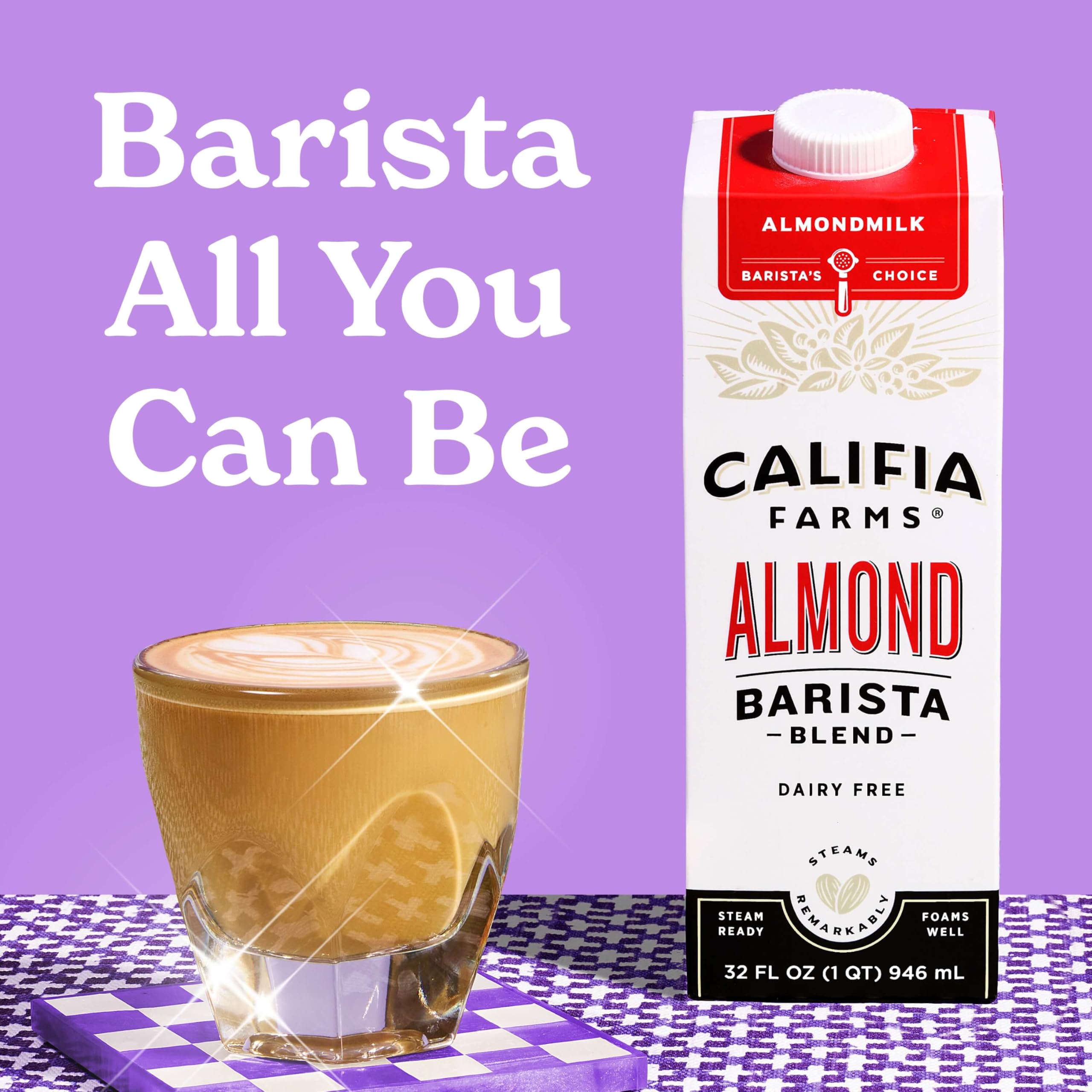 Califia Farms close-up of creamy almond texture, smooth blending benefit