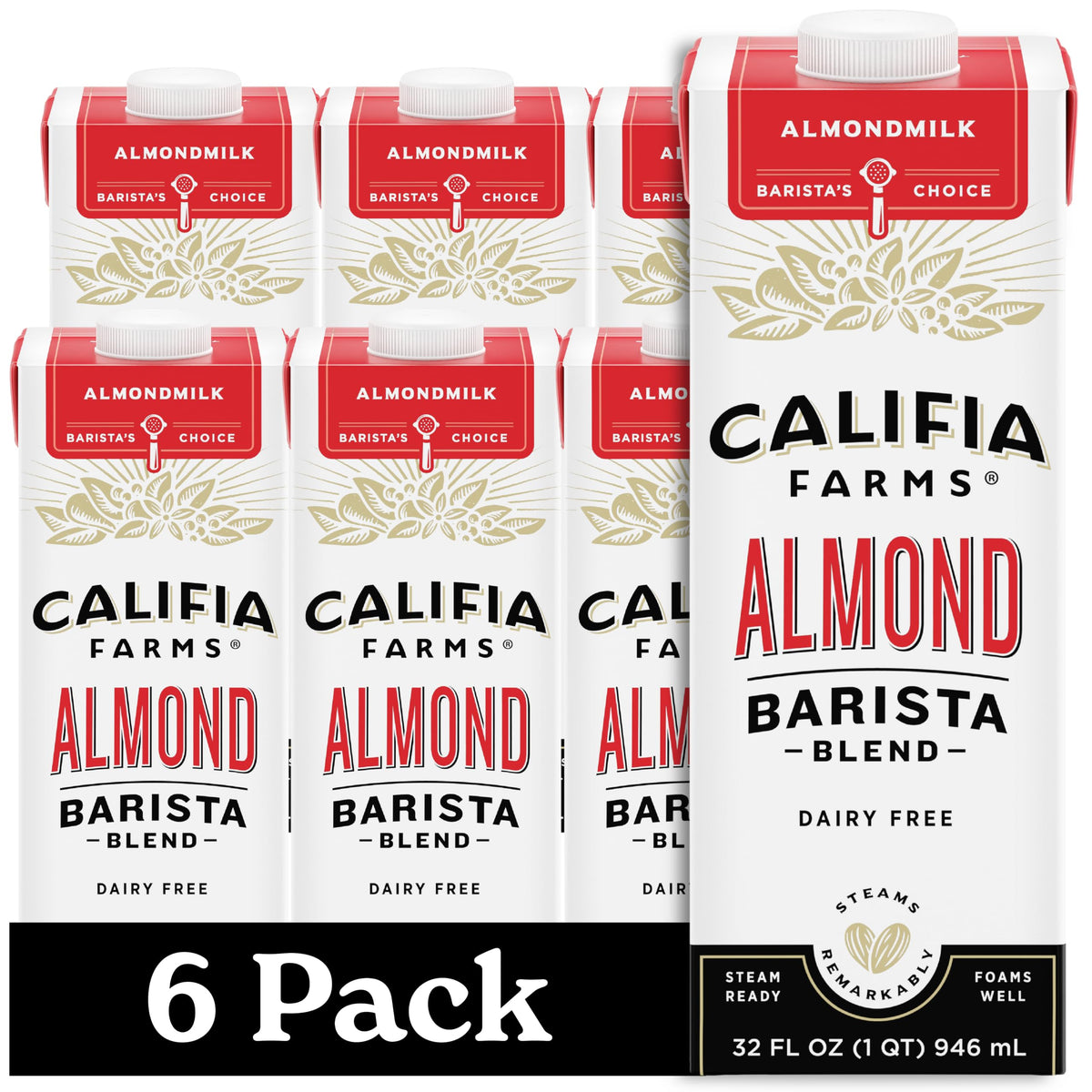 Califia Farms front packaging showing shelf-stable almond barista blend, convenient storage