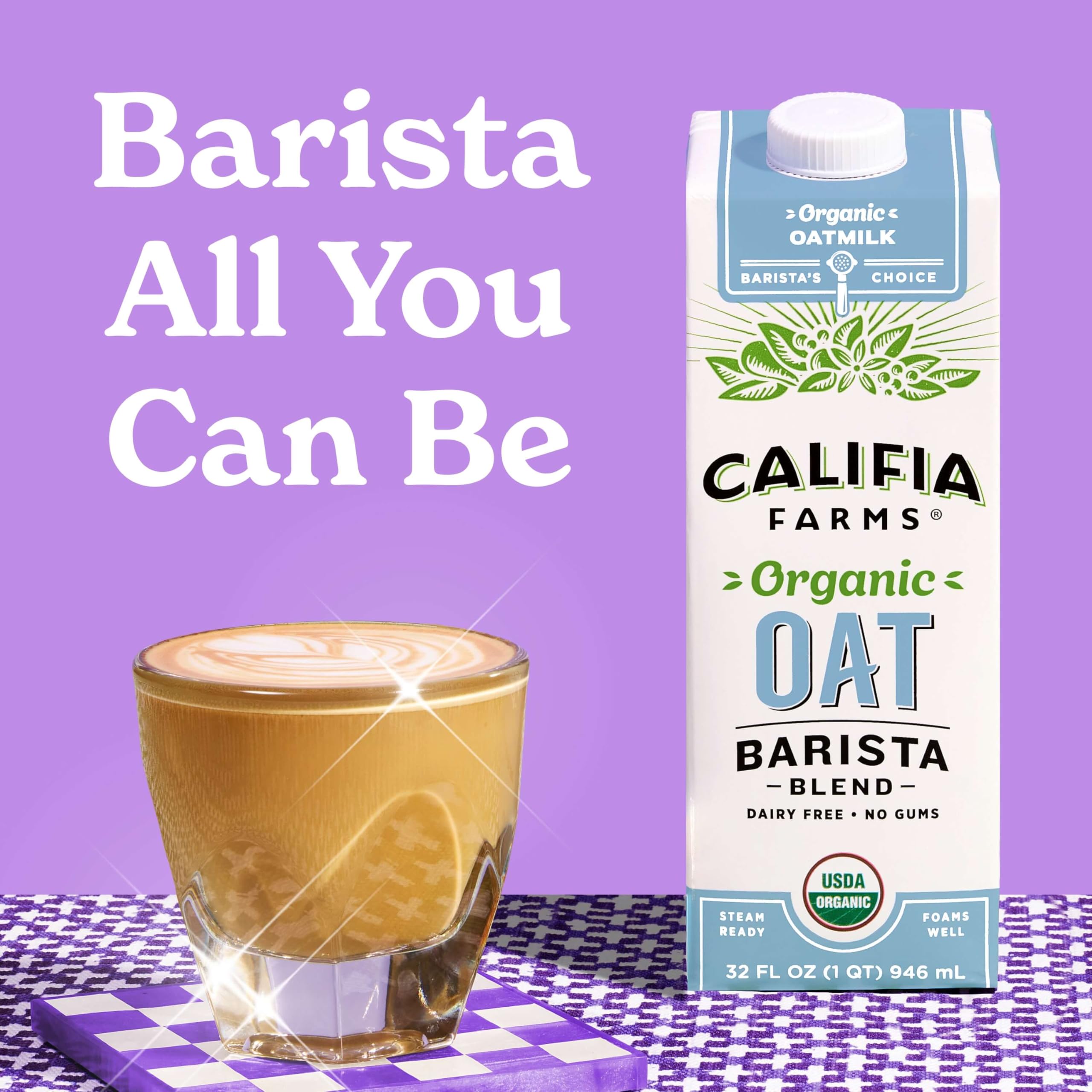 Califia Farms close-up of carton label emphasizing organic and no sugar added benefits