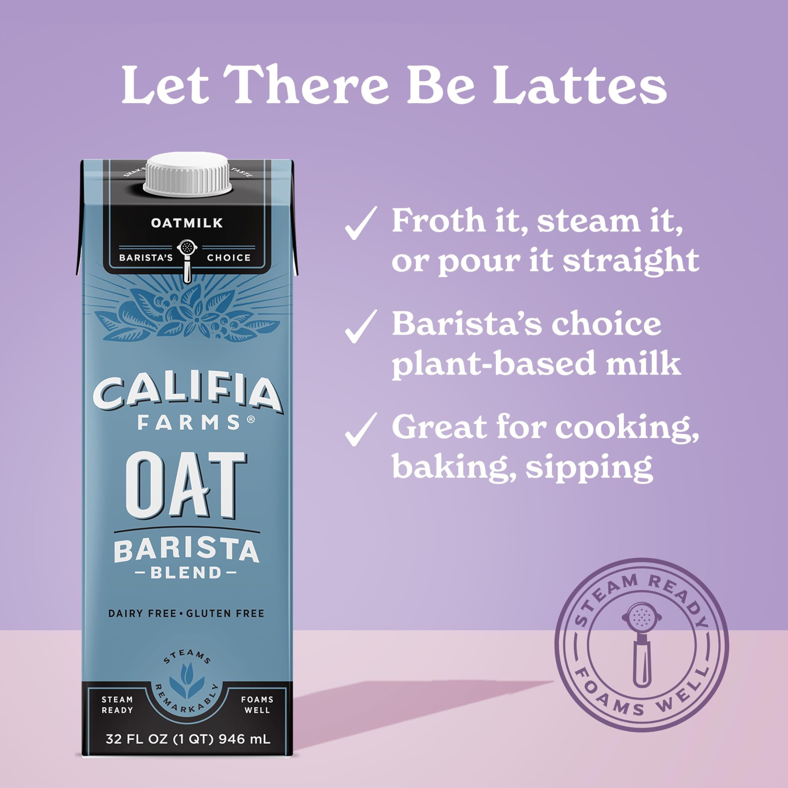 Califia Farms pouring into latte illustrating smooth blend and creamy finish