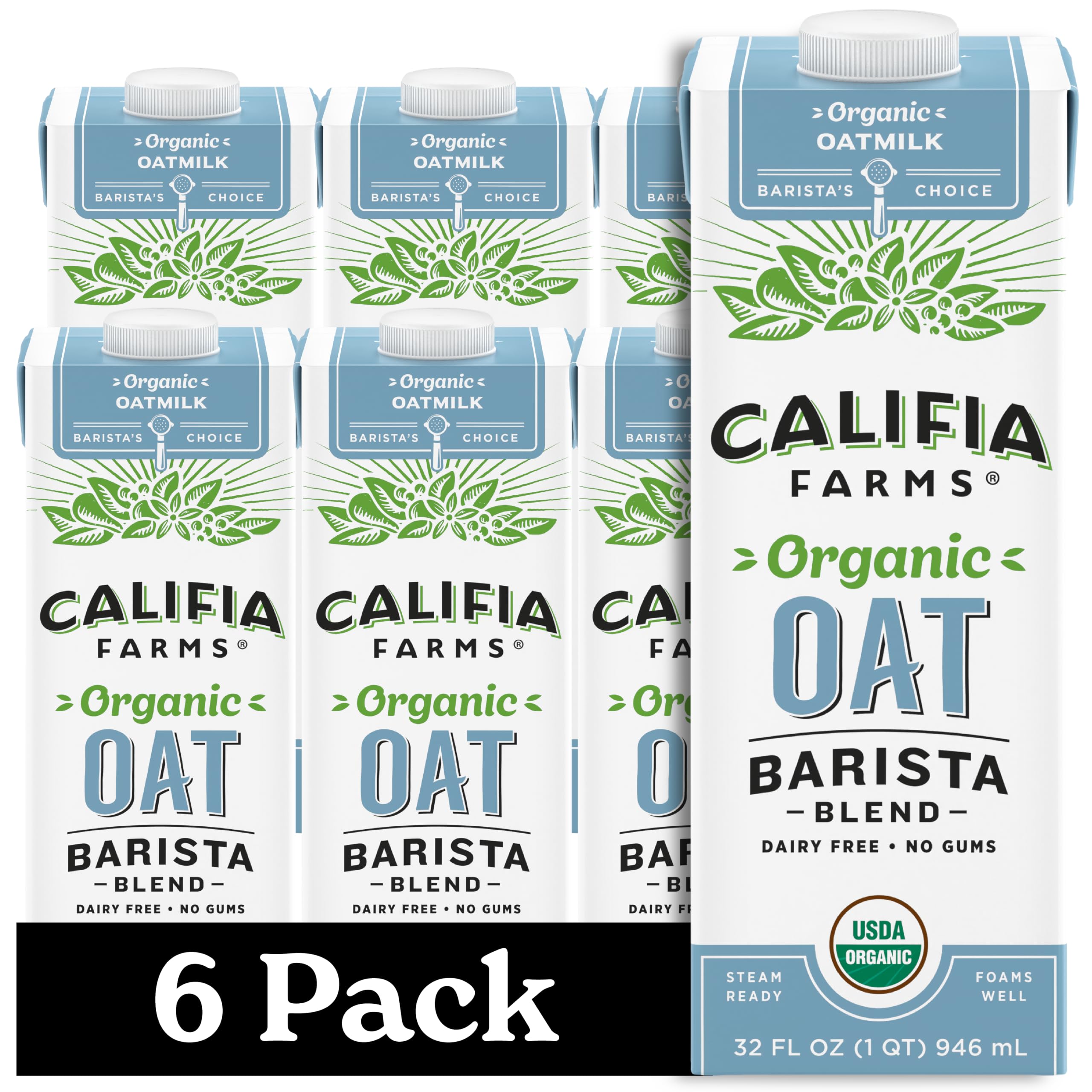 Califia Farms pack front view showing brand and barista blend, highlights consistency
