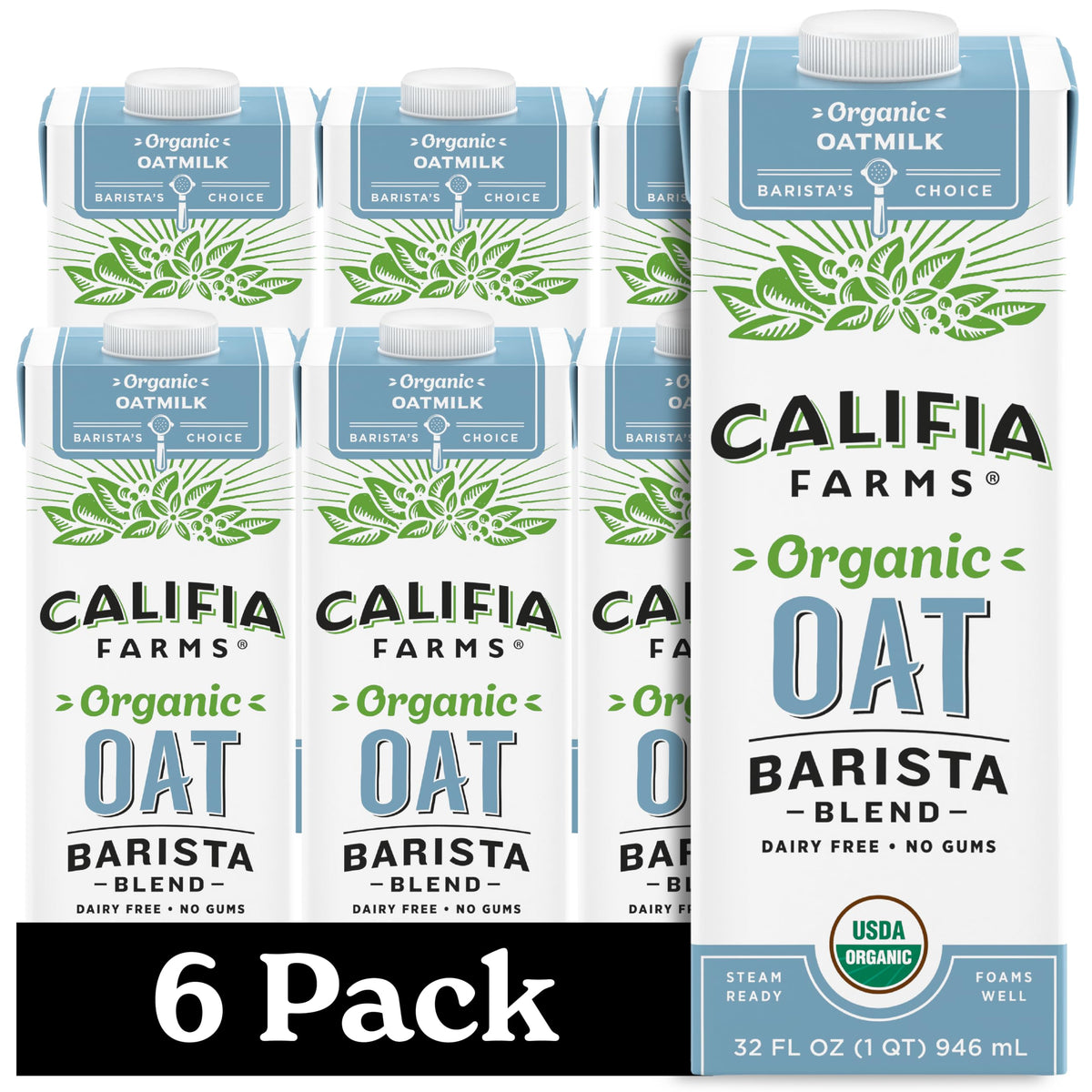 Califia Farms pack front view showing brand and barista blend, highlights consistency