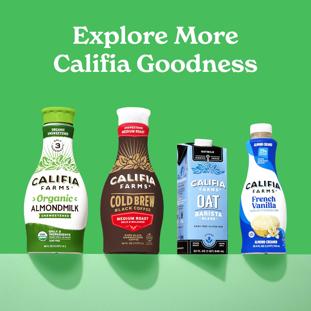 Califia Farms six-pack cartons stacked indicating bulk value and storage
