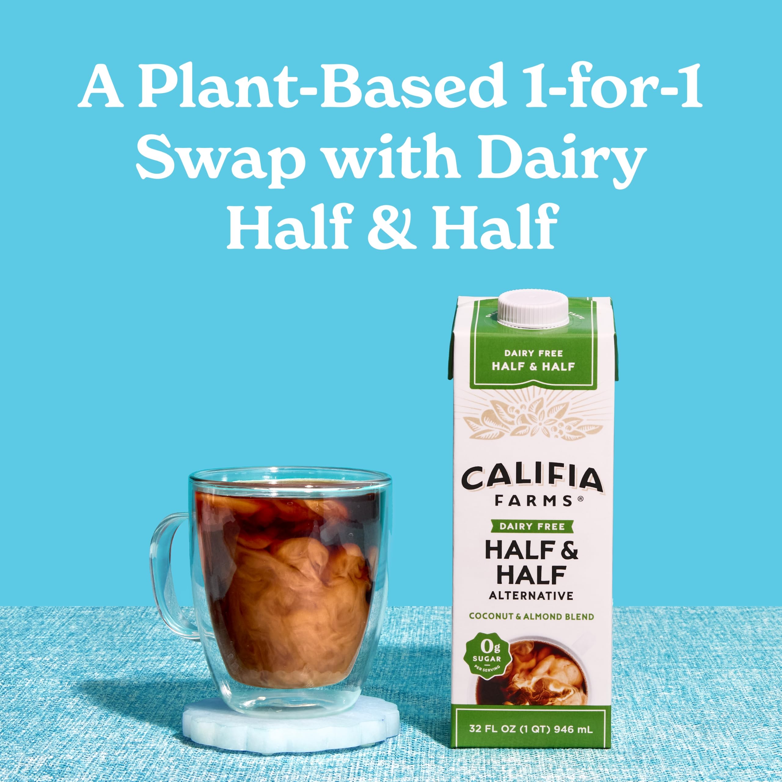 Close-up pour of Califia Farms showing creamy texture and smooth blending