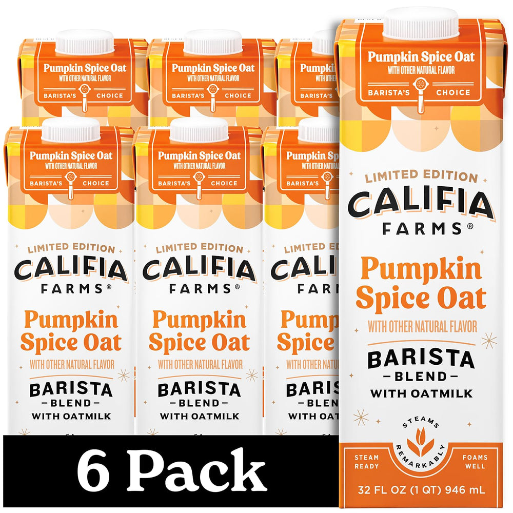 Califia Farms front packaging showing pumpkin spice oat barista blend, shelf-stable convenience
