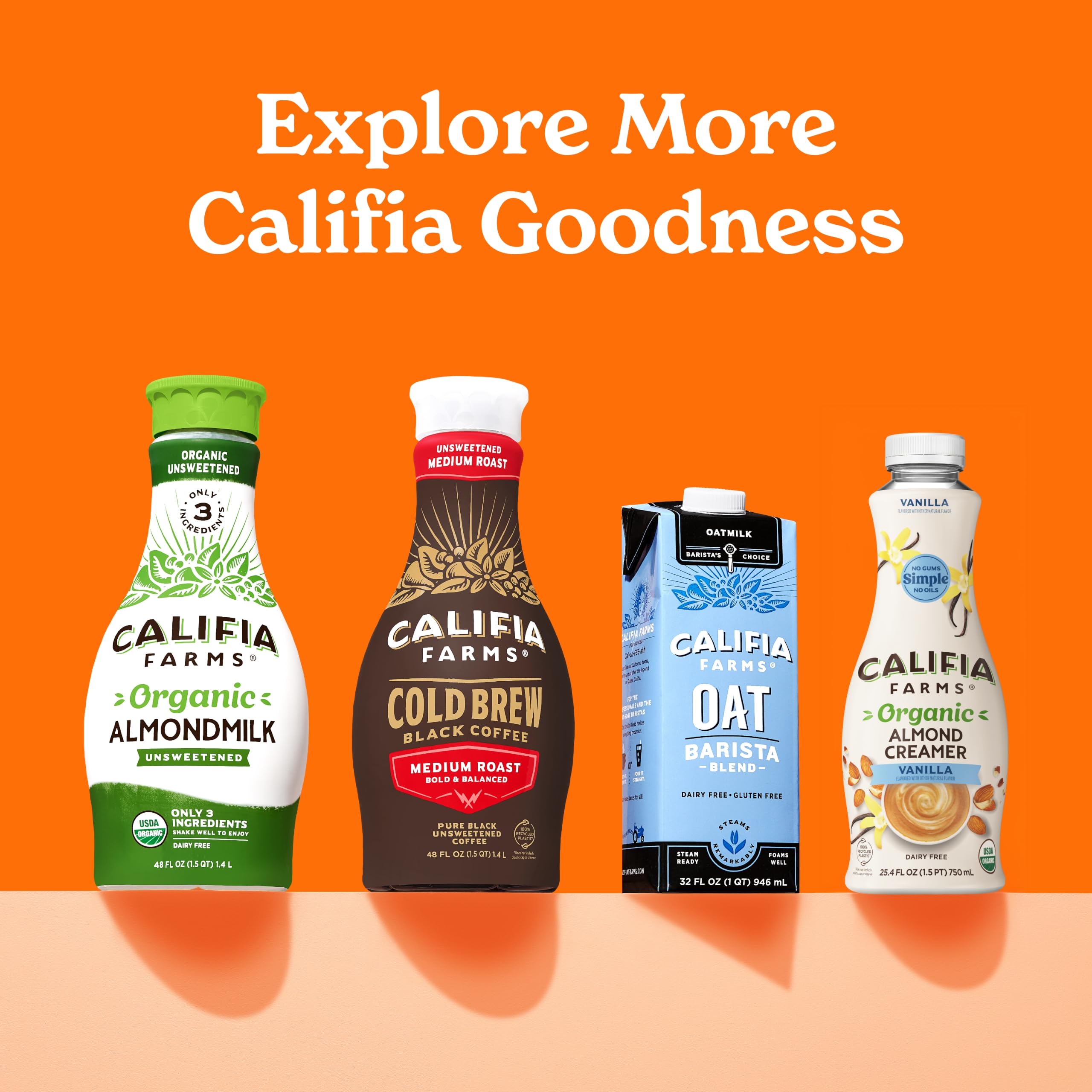 Califia Farms carton beside coffee cup on shelf, showing 32 oz scale and pantry-ready benefit