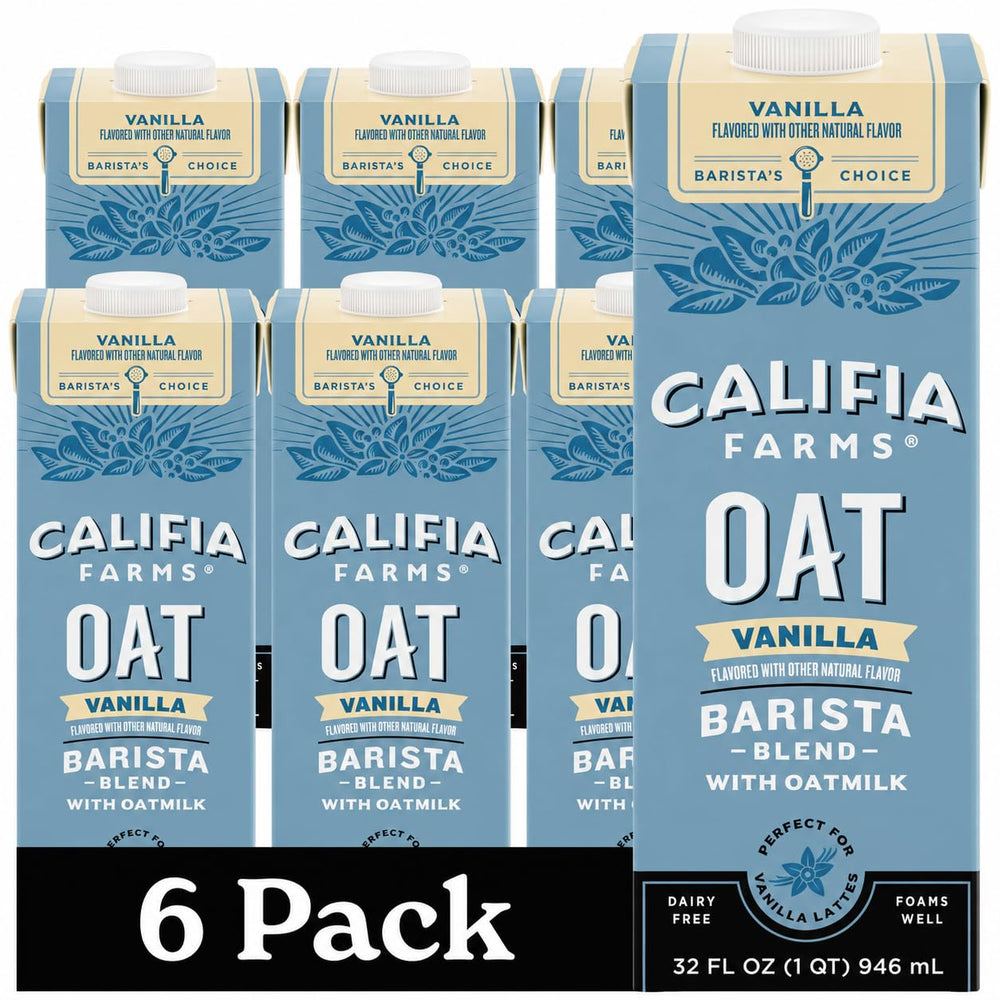 Califia Farms front carton view showing shelf-stable vanilla oat blend benefit convenience