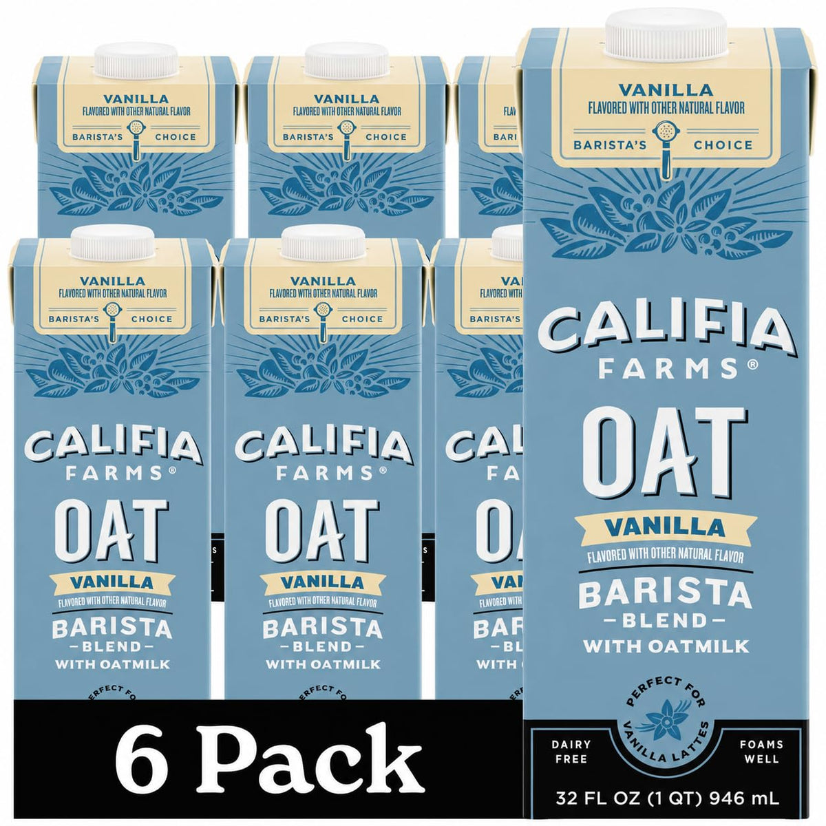 Califia Farms front carton view showing shelf-stable vanilla oat blend benefit convenience