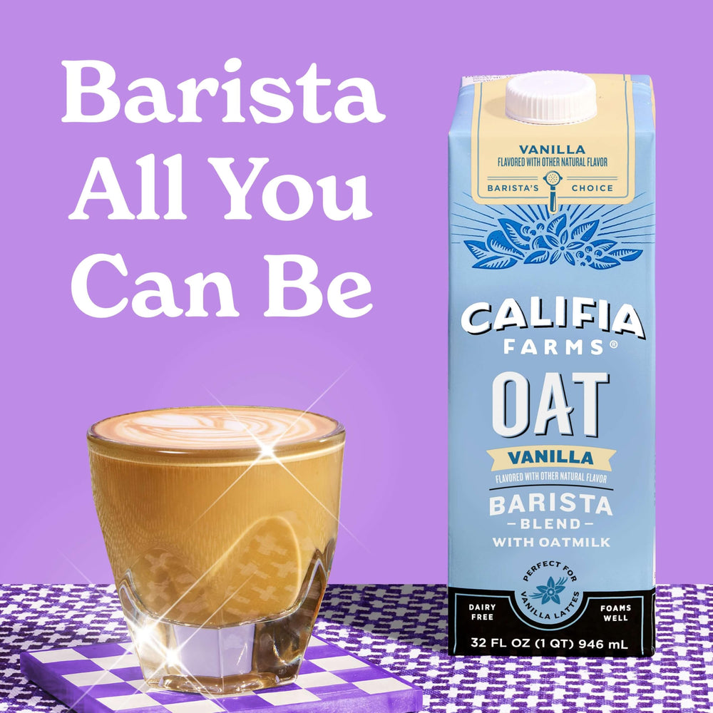 Califia Farms pouring vanilla oat milk into a glass showing smooth pour and convenience