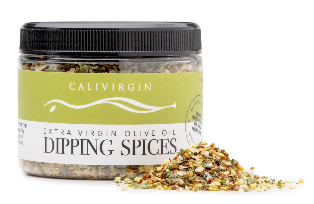Calivirgin jar front view showing label and gourmet seasoning for easy dipping