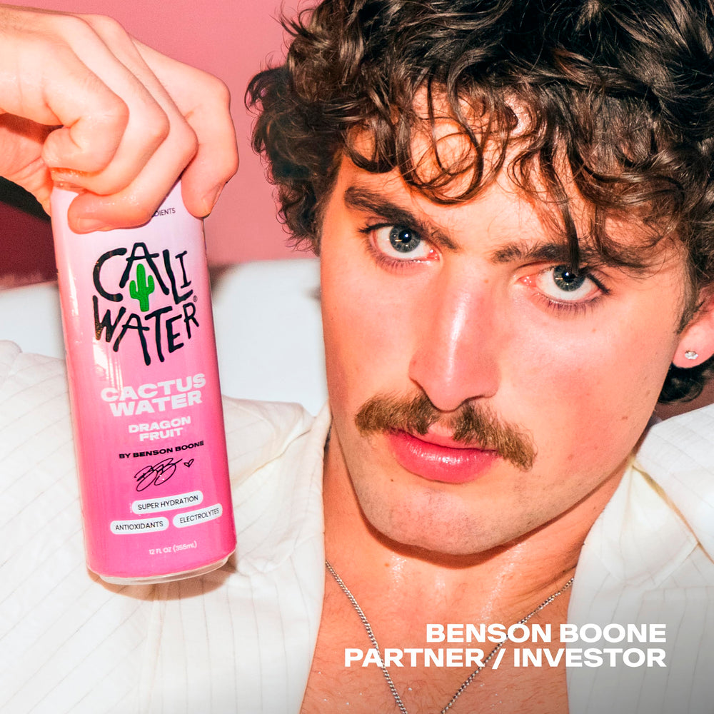 CALIWATER close-up label of dragon fruit can highlighting organic ingredients benefit