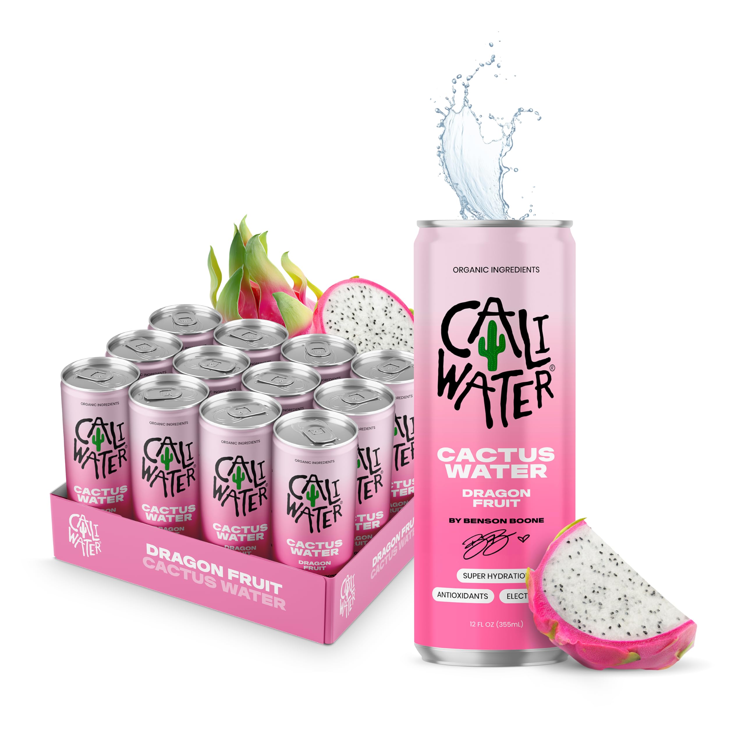 CALIWATER front packaging showing dragon fruit cans and branding for bold hydration