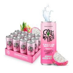 CALIWATER front packaging showing dragon fruit cans and branding for bold hydration
