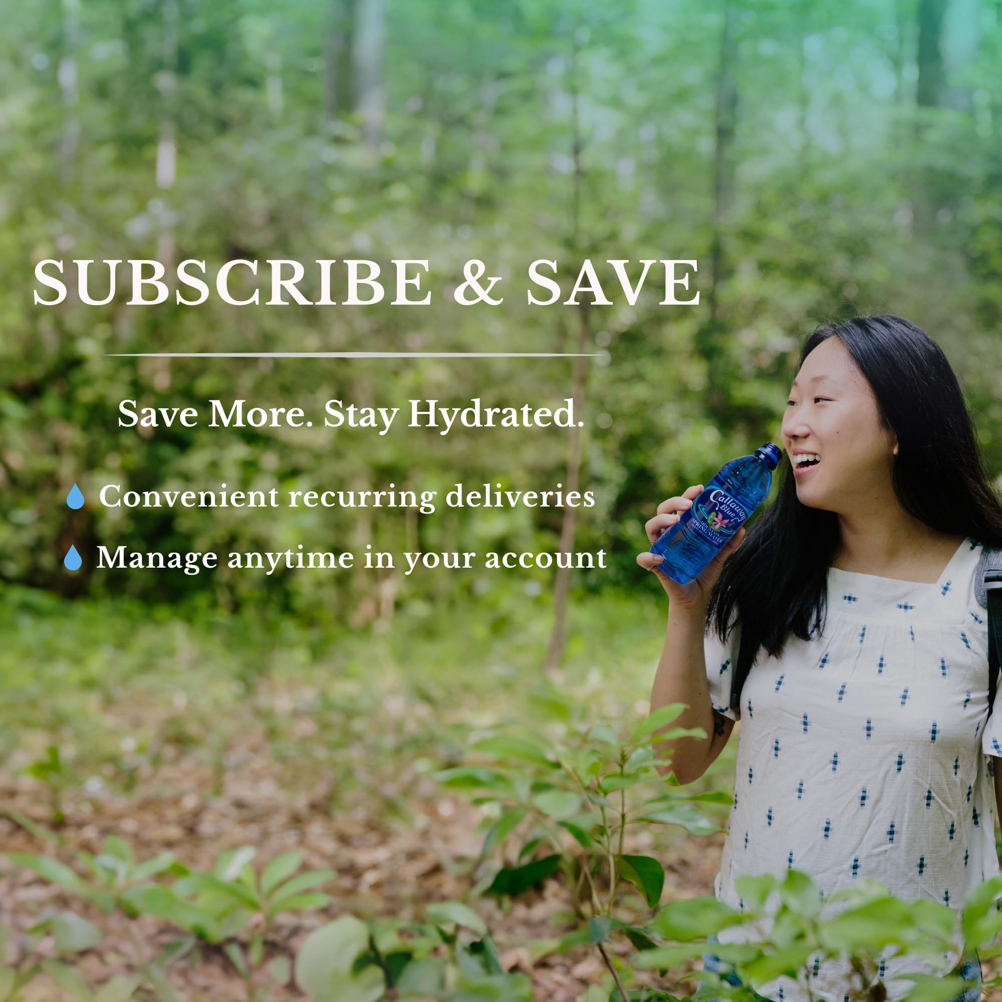 Callaway Blue bottles with Pine Mountain scenery underscoring natural source