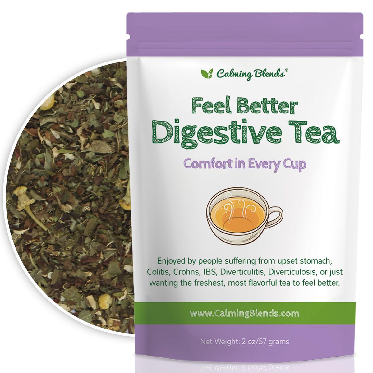 Calming Blends pouch front view showing resealable packaging and clear label benefit freshness