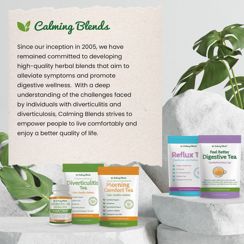 Calming Blends pouch next to a measuring spoon showing serving size benefit