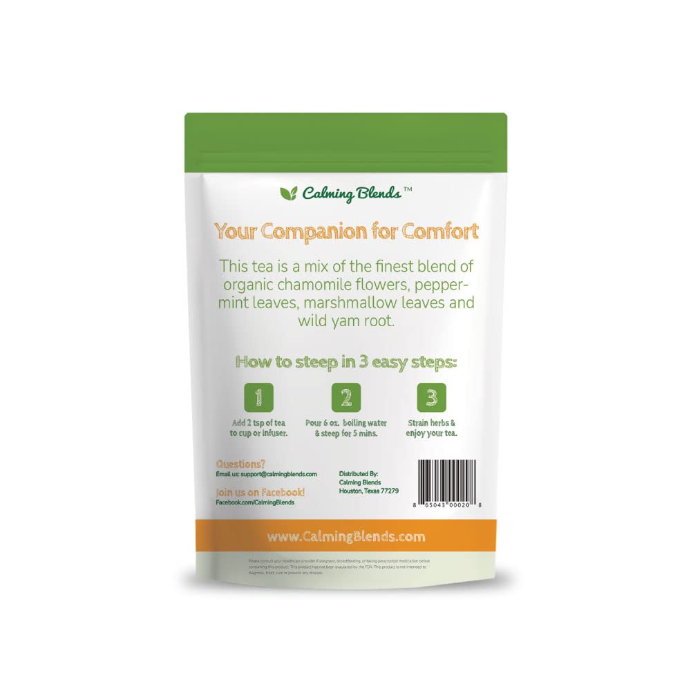Calming Blends loose herbs close-up highlighting chamomile and peppermint for calm