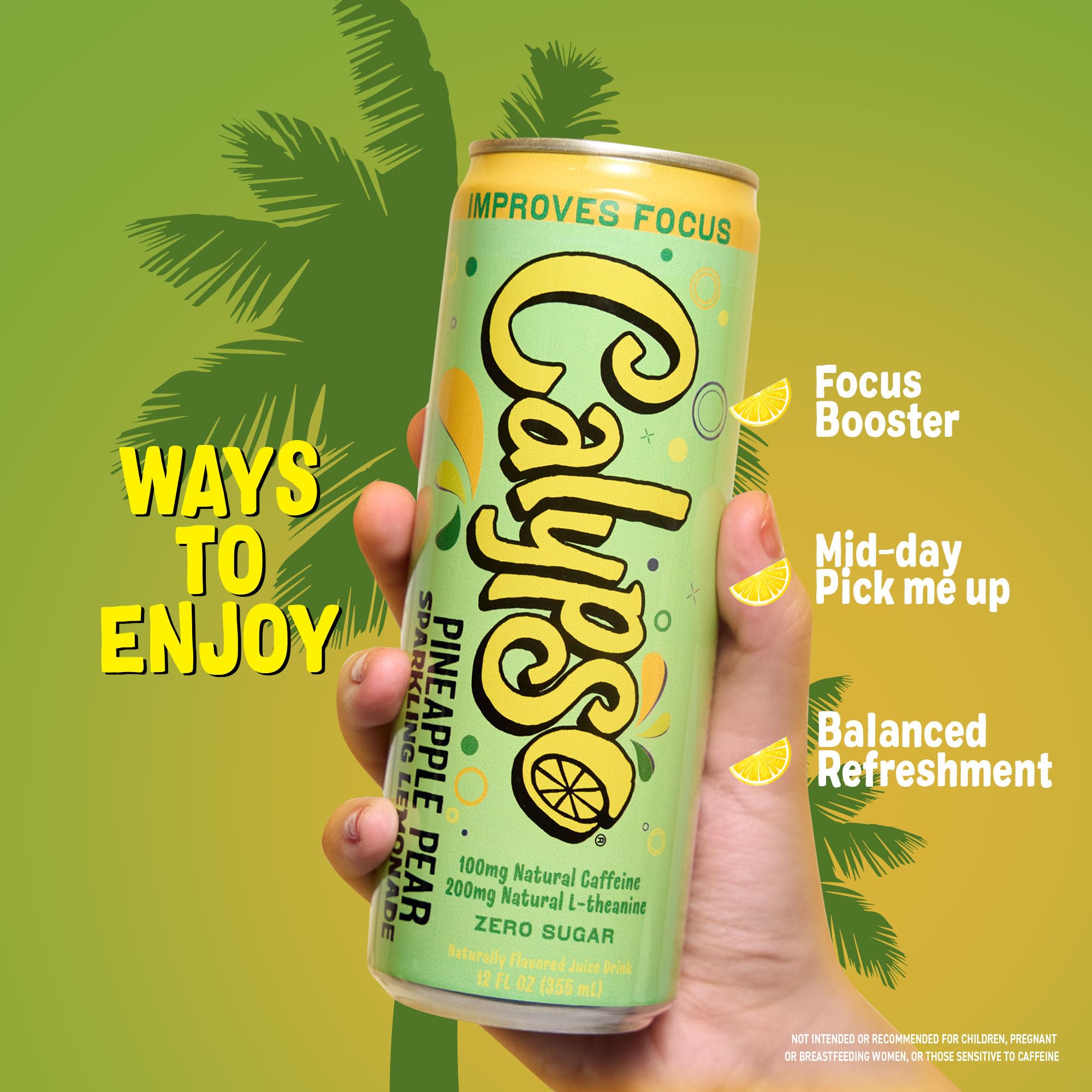 Calypso Pineapple Pear can beside pineapple and pear slices, emphasizes natural fruit-inspired taste