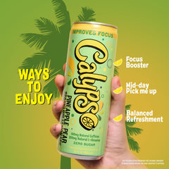Calypso Pineapple Pear can beside pineapple and pear slices, emphasizes natural fruit-inspired taste