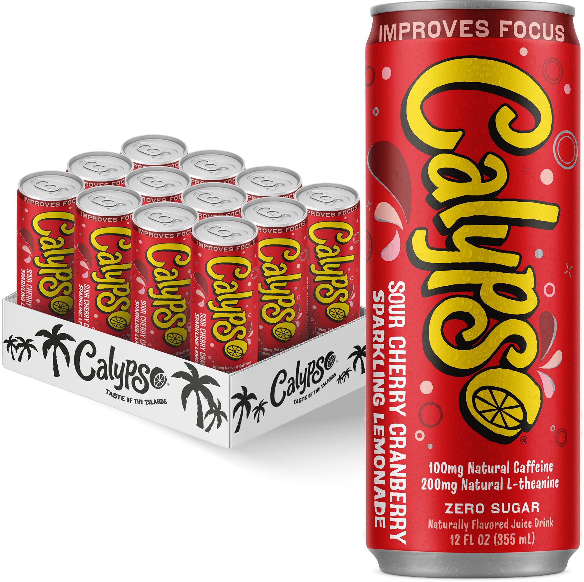 Calypso can front view showing sour cherry cranberry design and refreshing appeal