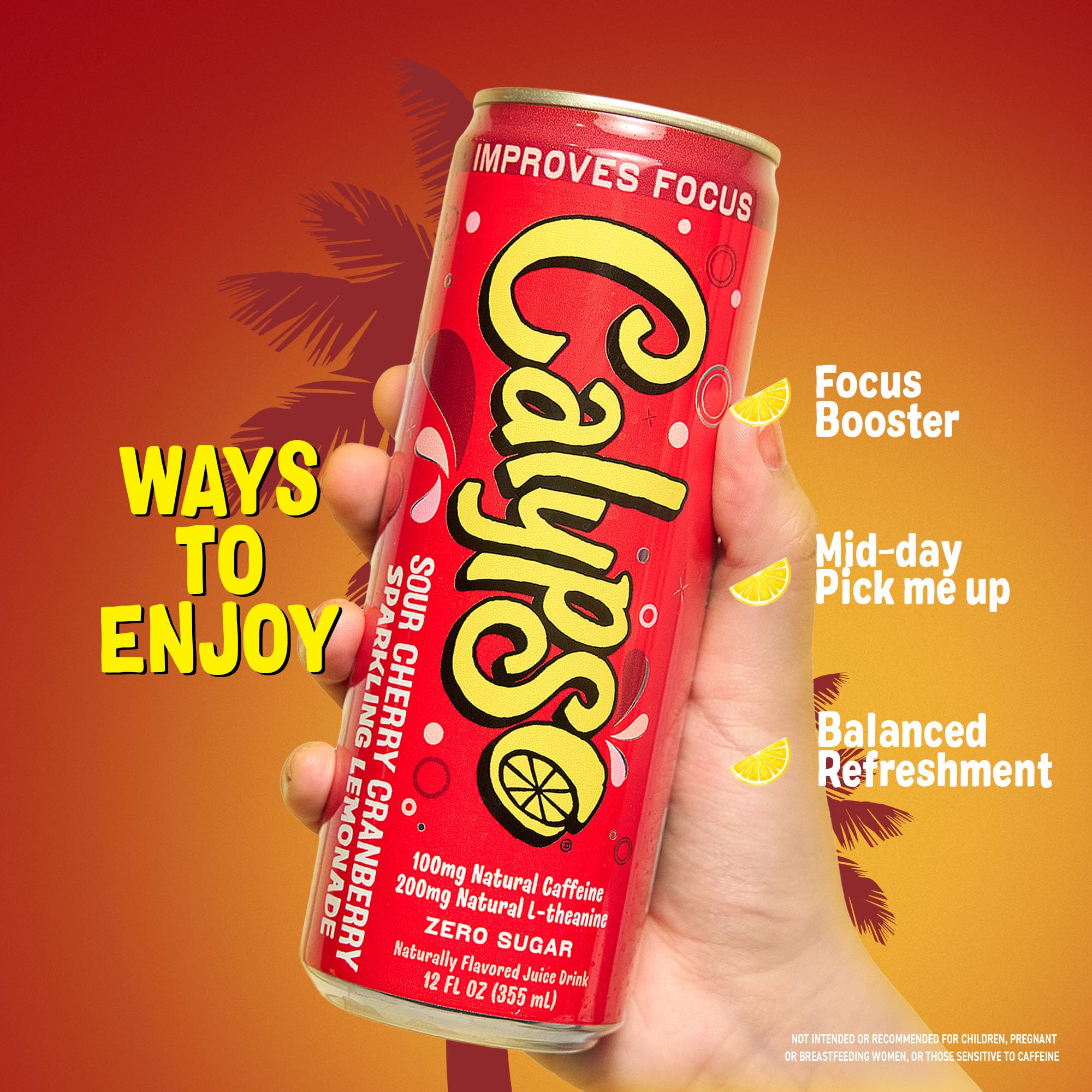 Calypso ingredient label close-up showing focus-support info and zero sugar benefit